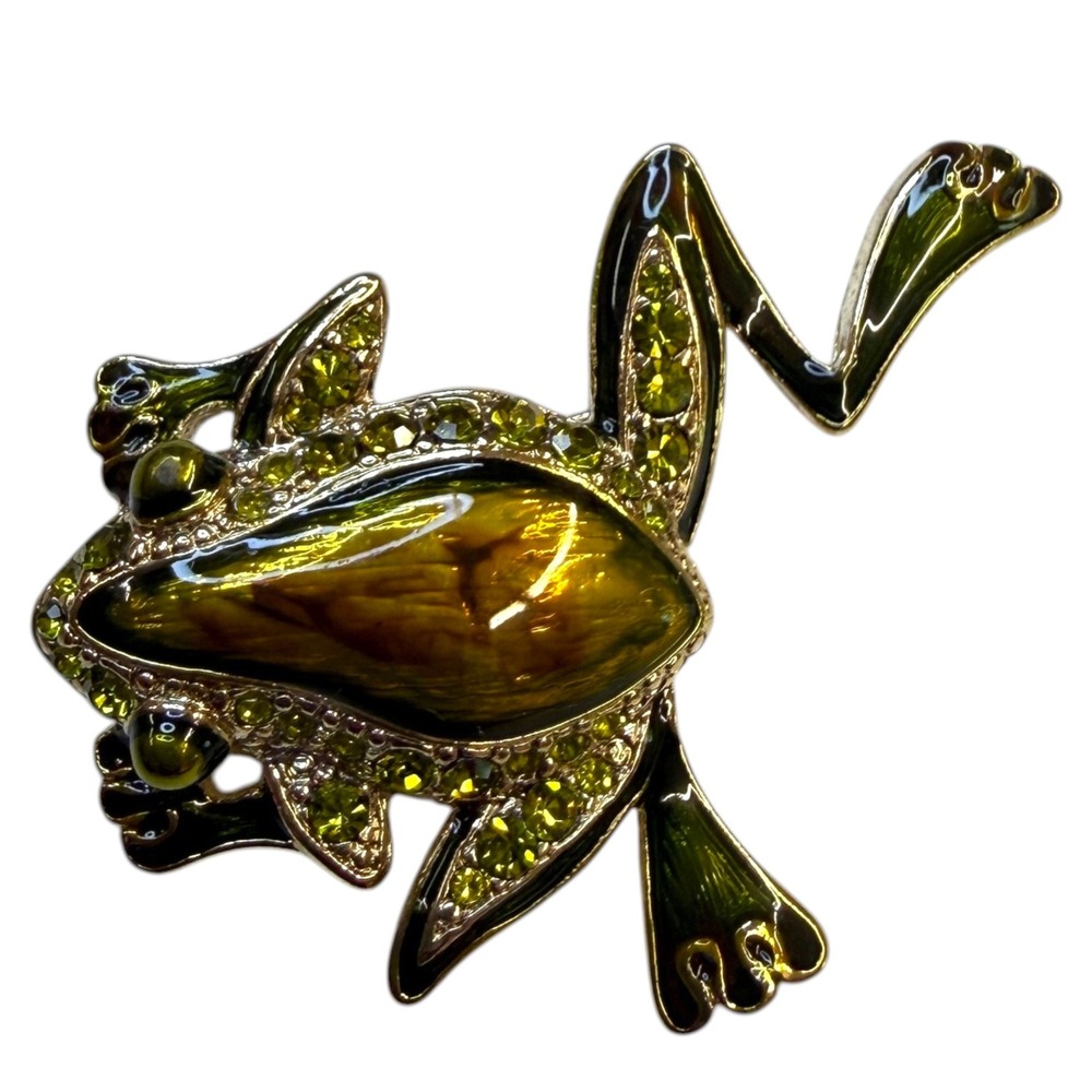 1980s Liz Claiborne LC Frog Brooch Green Enamel Rhinestone Cabochon 2"